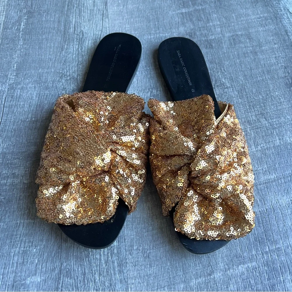 Zara Gold Sequin Knot Slide Sandals Statement Summer Slides Size 41 - Picture 2 of 10